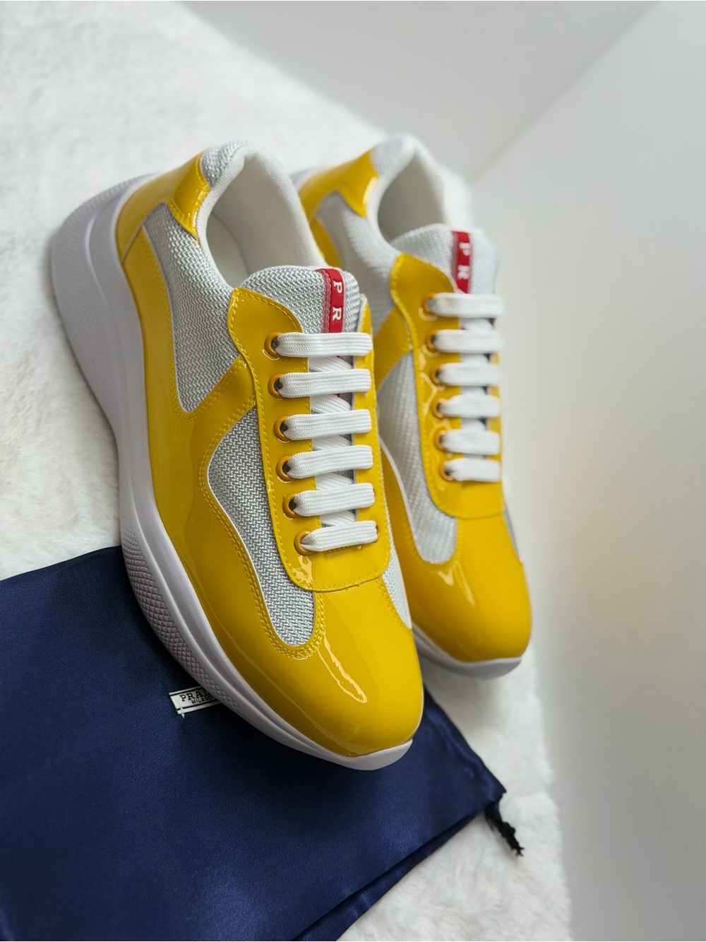 Yellow Patent & White Mesh Low-Top Sneakers